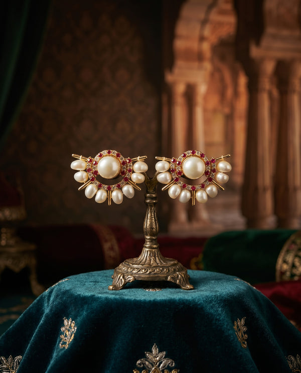 Elegant Pearl and Ruby CZ Stud Earrings