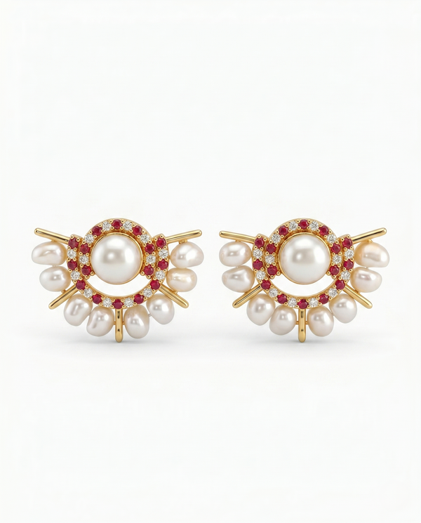 Elegant Pearl and Ruby CZ Stud Earrings