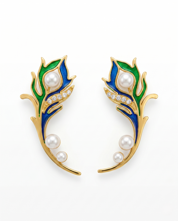 Elegant Gold-Plated Peacock Feather Pearl  Earrings