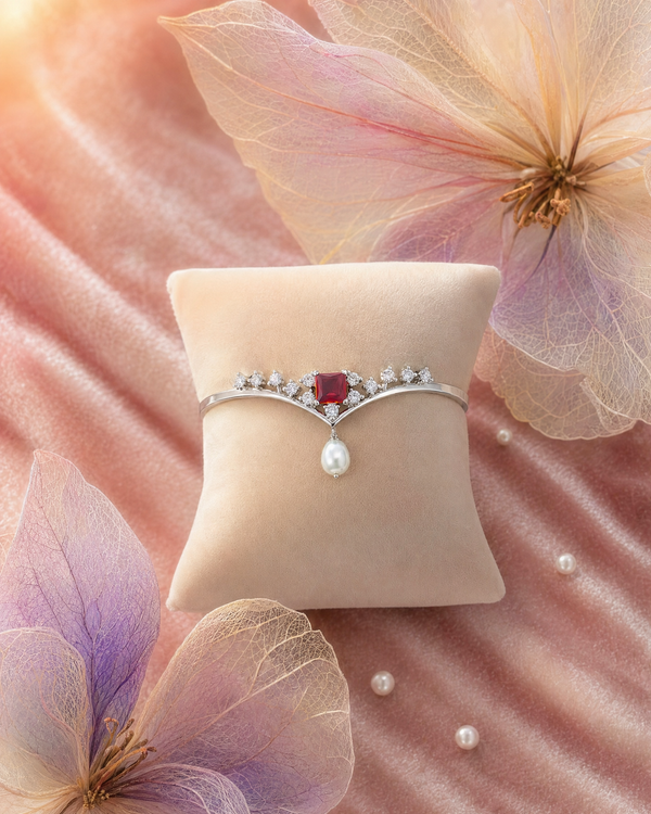 Majestic Ruby Red CZ Pearl Drop Bangle Bracelet