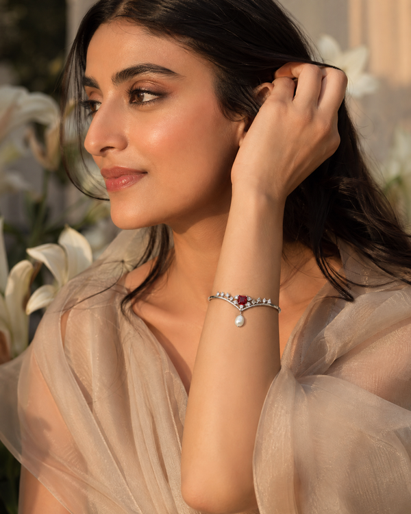 Majestic Ruby Red CZ Pearl Drop Bangle Bracelet