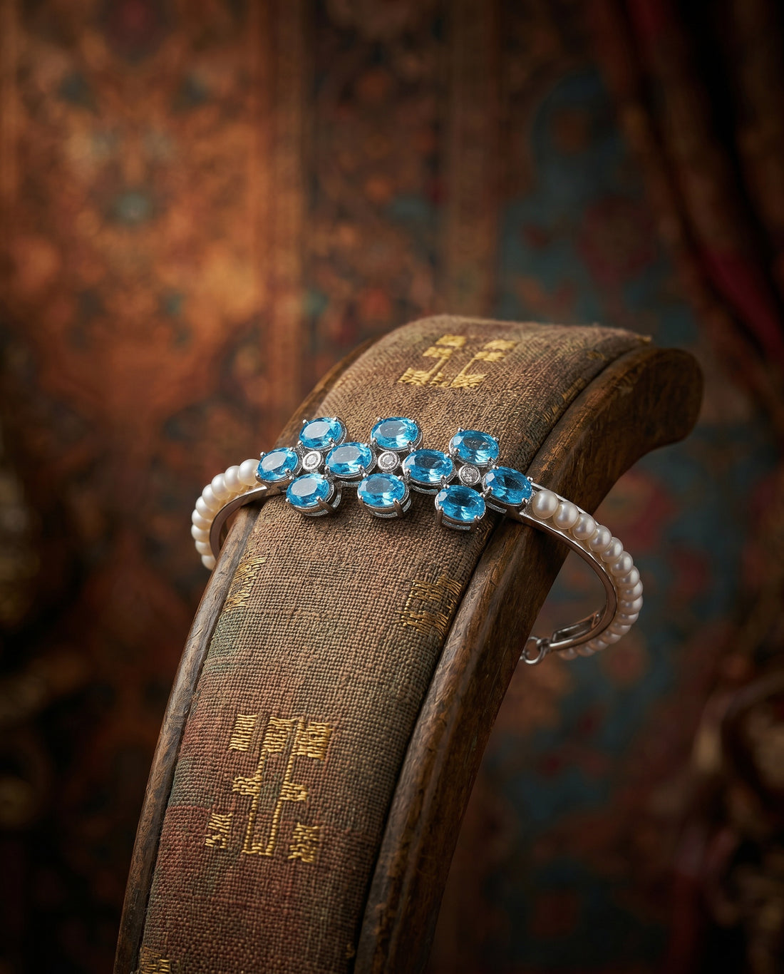 Elegant Blue CZ and Pearl Half-Bangle cum Adjustable Bracelet