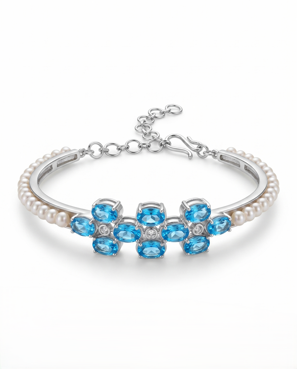 Elegant Blue CZ and Pearl Half-Bangle cum Adjustable Bracelet