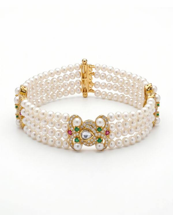 Elegant Multi Row Pearl Bracelet with Kundan Accents