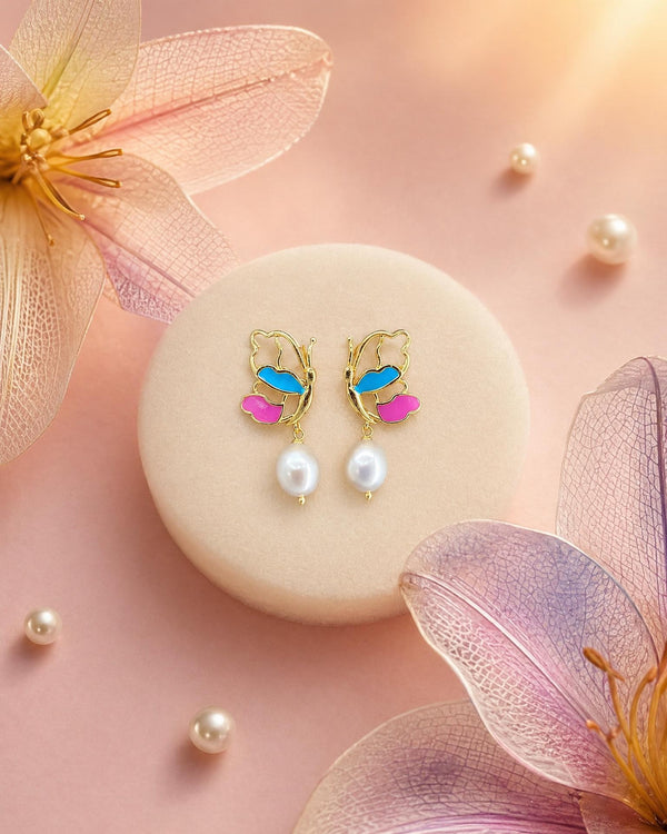 Vibrant Butterfly & Teardrop Pearl Drop Earrings