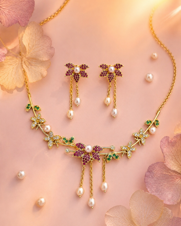Artisanal Garden Bloom Floral Charms Pearl Jewellery Set