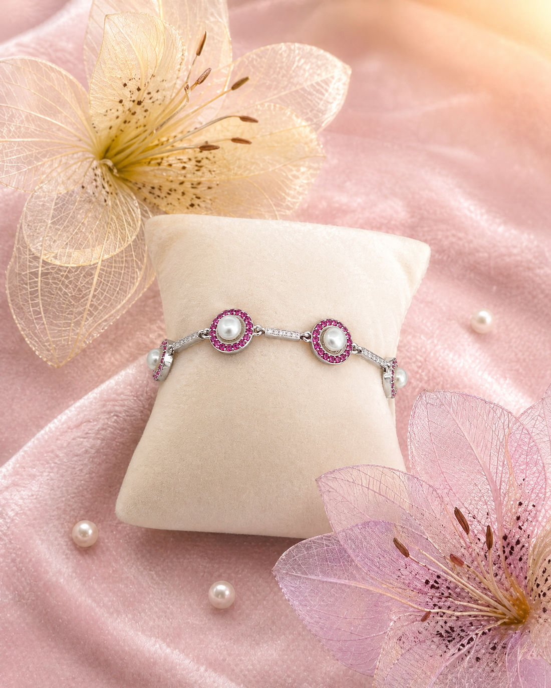 Lustrous Pearl and Pink CZ Halo Link Bracelet