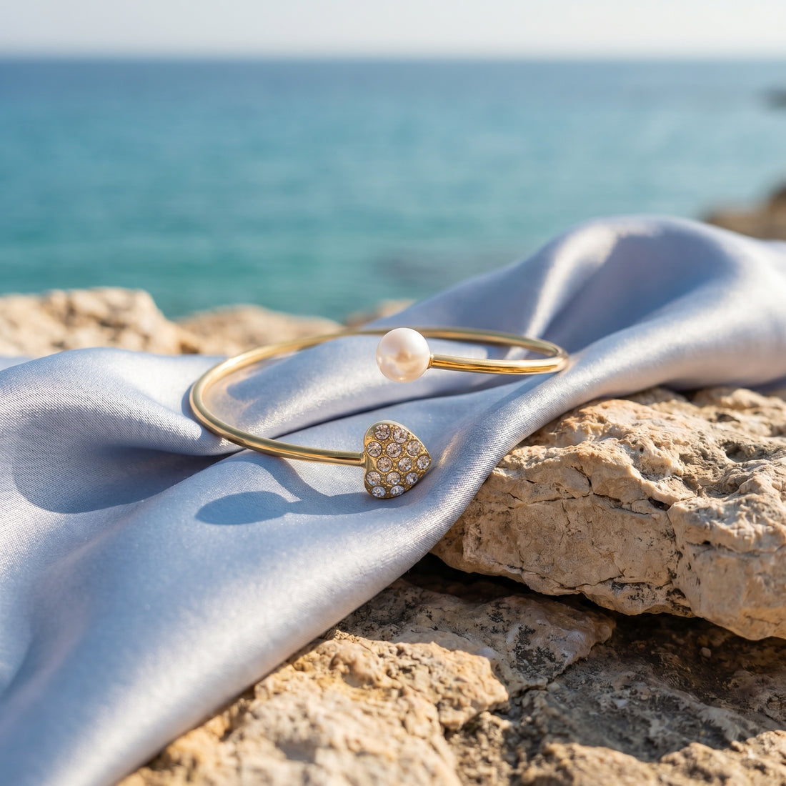 Romantic Gold-Tone Heart and Pearl Cuff Adjustable Bangle
