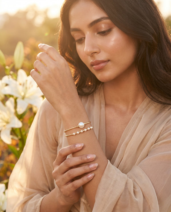 Modern Gold Plated Coil Adjustable Wrap Pearl Bracelet