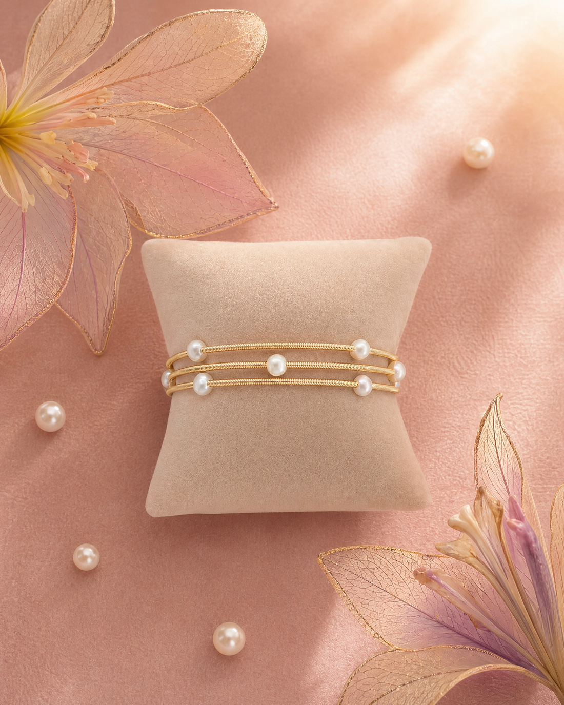 Gold Tone Coil Freshwater Pearls Adjustable Bangle