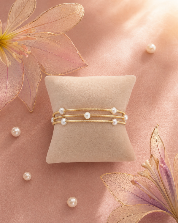 Gold Tone Coil Freshwater Pearls Adjustable Bangle