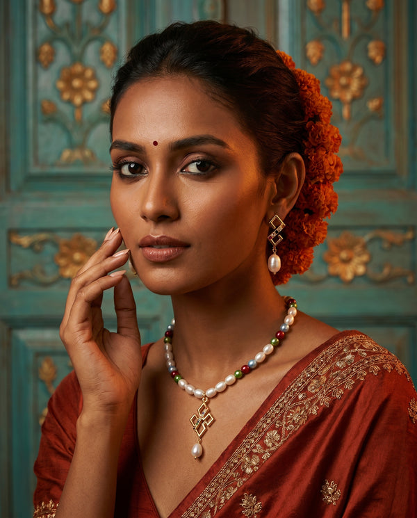Modern Multi-Colour CZ Geometric Pearl Necklace & Earring Set