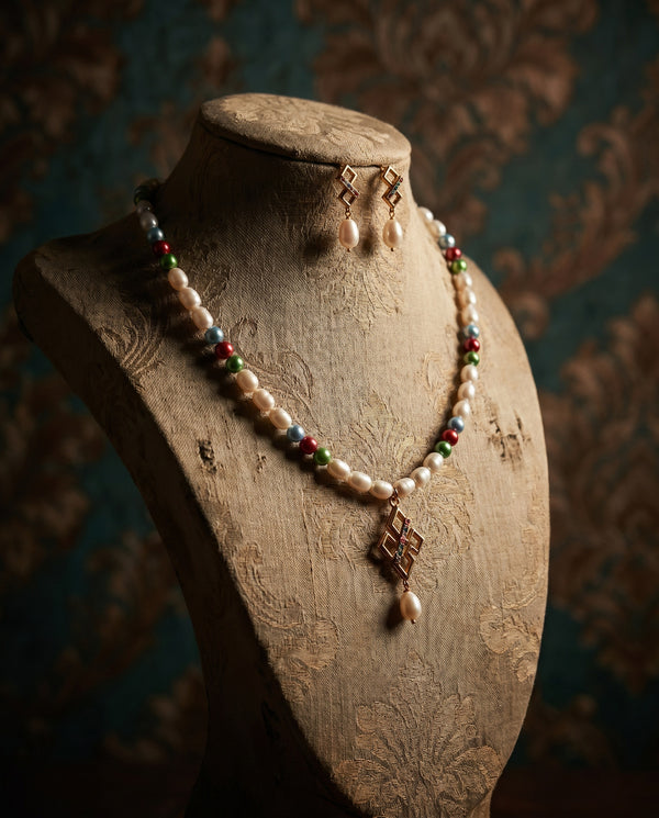 Modern Multi-Colour CZ Geometric Pearl Necklace & Earring Set