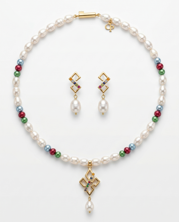 Modern Multi-Colour CZ Geometric Pearl Necklace & Earring Set