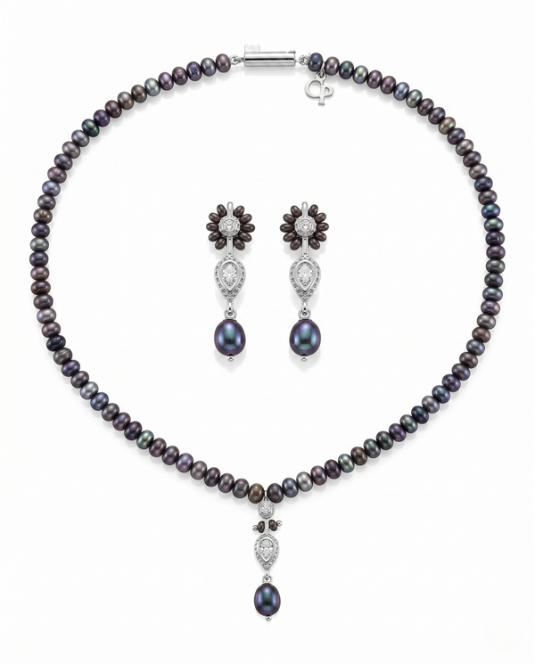 Contemporary Single-Strand Black Pearl Necklace Set