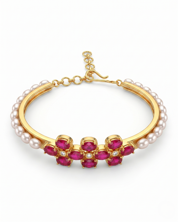 Regal Red CZ and Pearl Half-Bangle cum Adjustable Bracelet