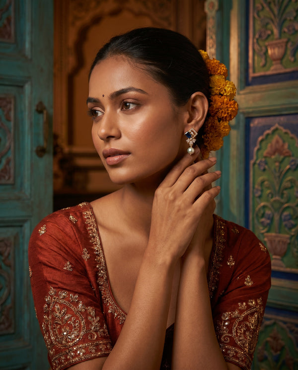Elegant Gold-Plated Sapphire Blue Pearl Geometric Drop Earrings