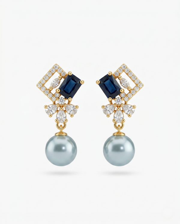 Elegant Gold-Plated Sapphire Blue Pearl Geometric Drop Earrings