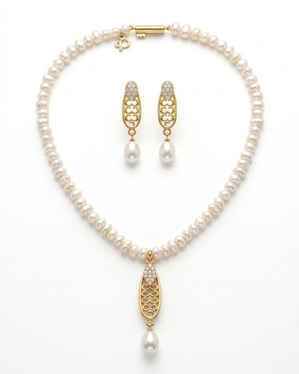 Artistic Filigree Lattice Pearl Necklace & Drop Earring Set