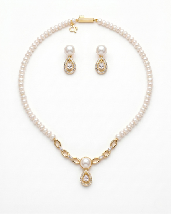 Radiant Halo Teardrop Pearl Necklace & Matching Drop Earring Set