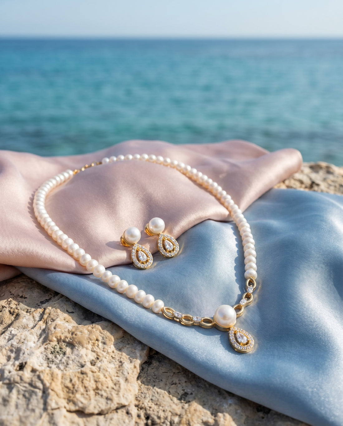 Radiant Halo Teardrop Pearl Necklace & Matching Drop Earring Set