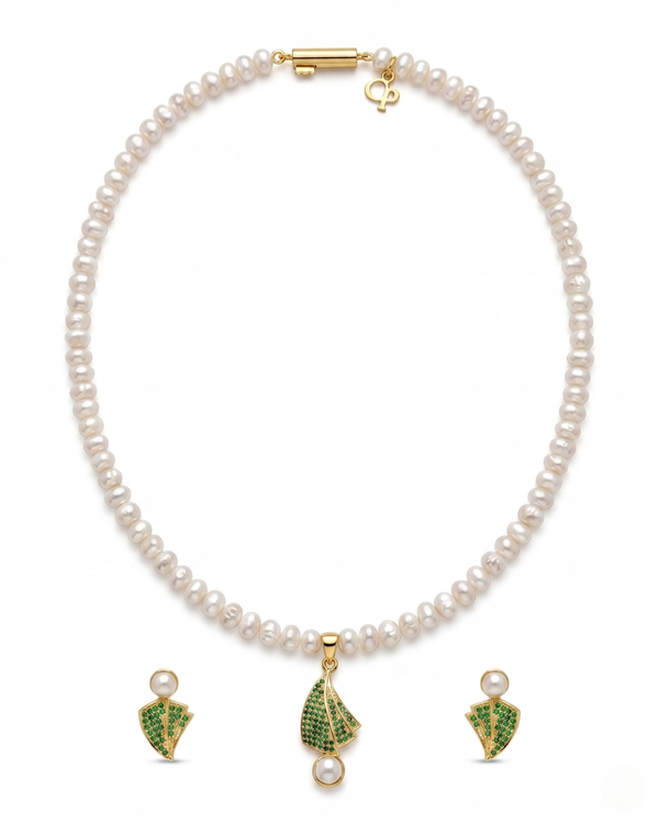 Emerald Green Leaf Motif Pearl Necklace & Stud Earring Set