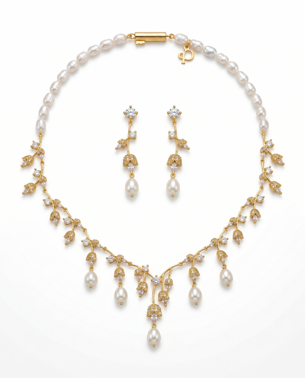 Golden Vine Floral Pearl Choker & Delicate Drop Earring Set