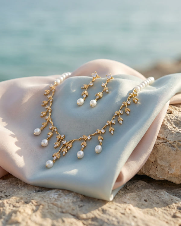 Golden Vine Floral Pearl Choker & Delicate Drop Earring Set