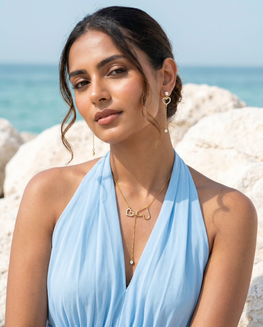 Elegant Interlocking Heart Necklace & Pearl Drop Earring Jewellery Set