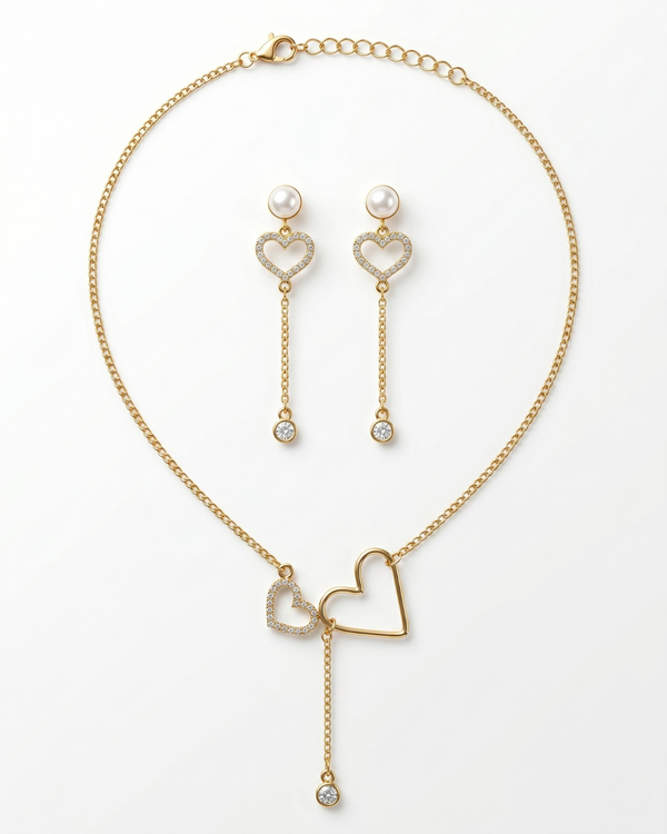 Elegant Interlocking Heart Necklace & Pearl Drop Earring Jewellery Set