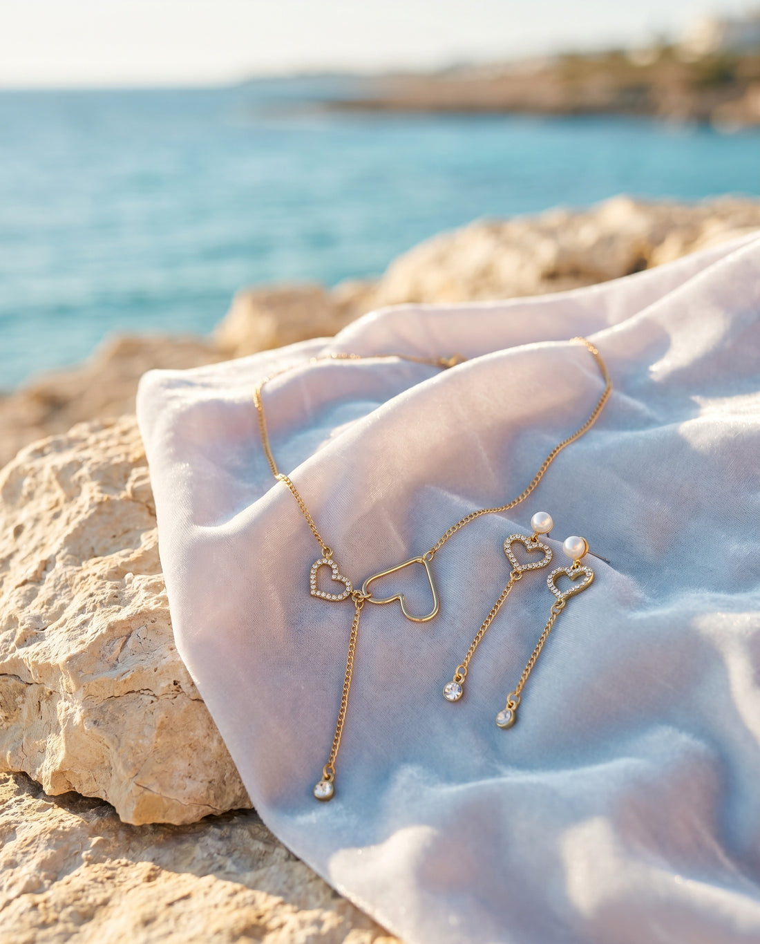 Elegant Interlocking Heart Necklace & Pearl Drop Earring Jewellery Set