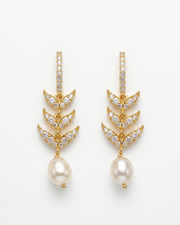 Elegant Laurel Leaf CZ & Freshwater Pearl Drop Earrings