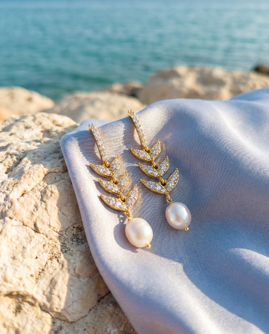 Elegant Laurel Leaf CZ & Freshwater Pearl Drop Earrings