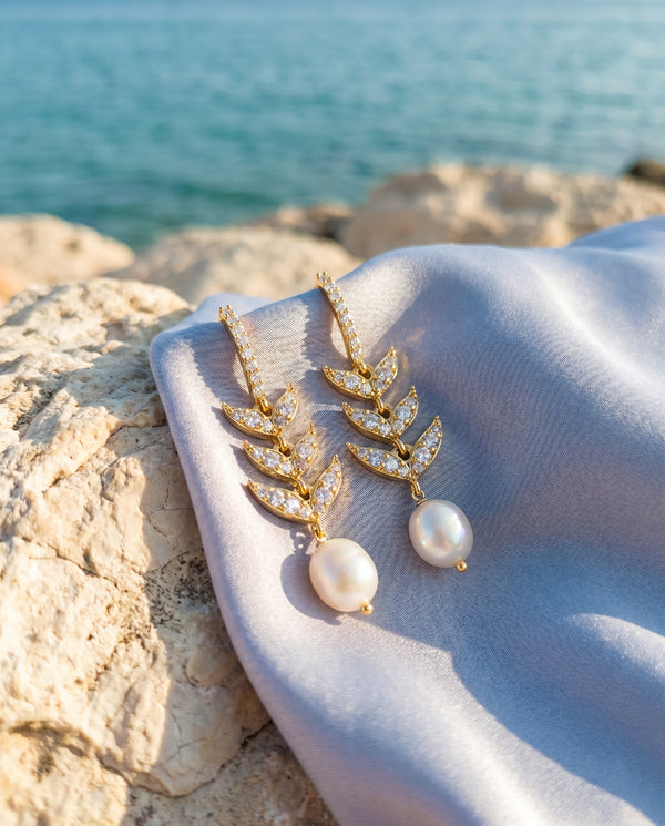 Elegant Laurel Leaf CZ & Freshwater Pearl Drop Earrings