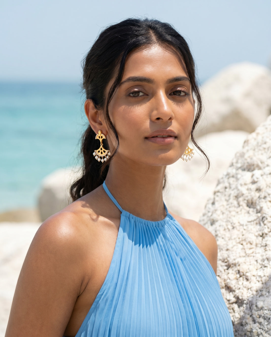 Modern Filigree Pearl Chandbali Earrings