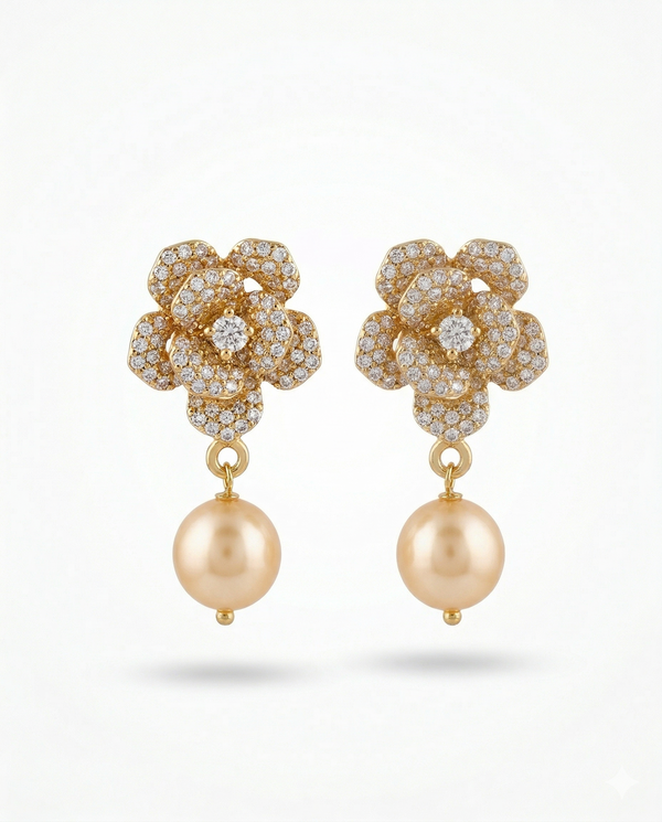 Opulent Rose Gold Triple-Strand Pearl & Floral Bloom Set