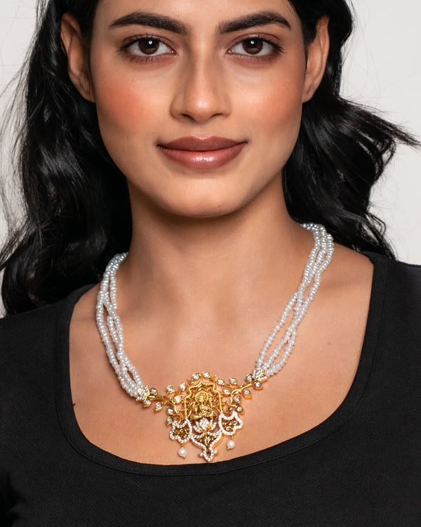 Temple Pearl Mala With Goddess Lakshmi Pendant