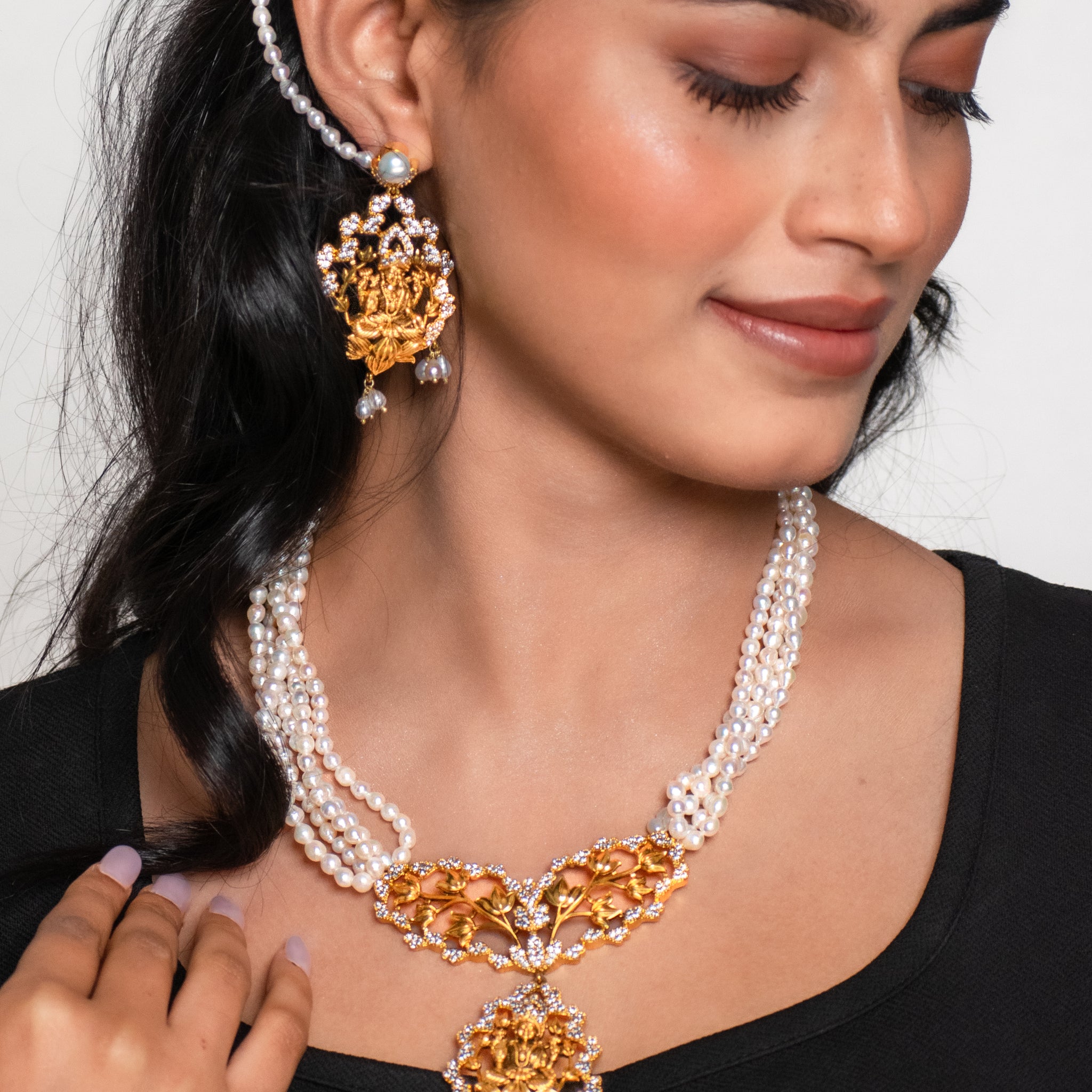 Floral Goddess Lakshmi Temple Pearl Choker Set With CZ Stones