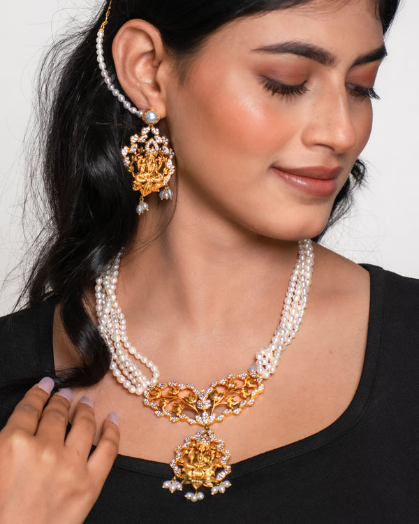 Floral Goddess Lakshmi Temple Pearl Choker Set With CZ Stones