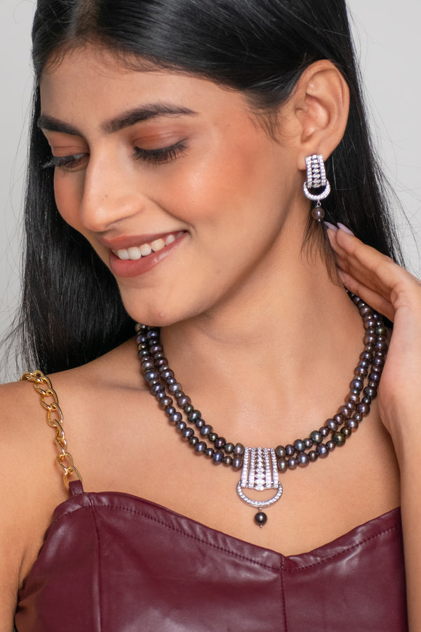 Midnight Black Pearl & CZ Contemporary Necklace Set