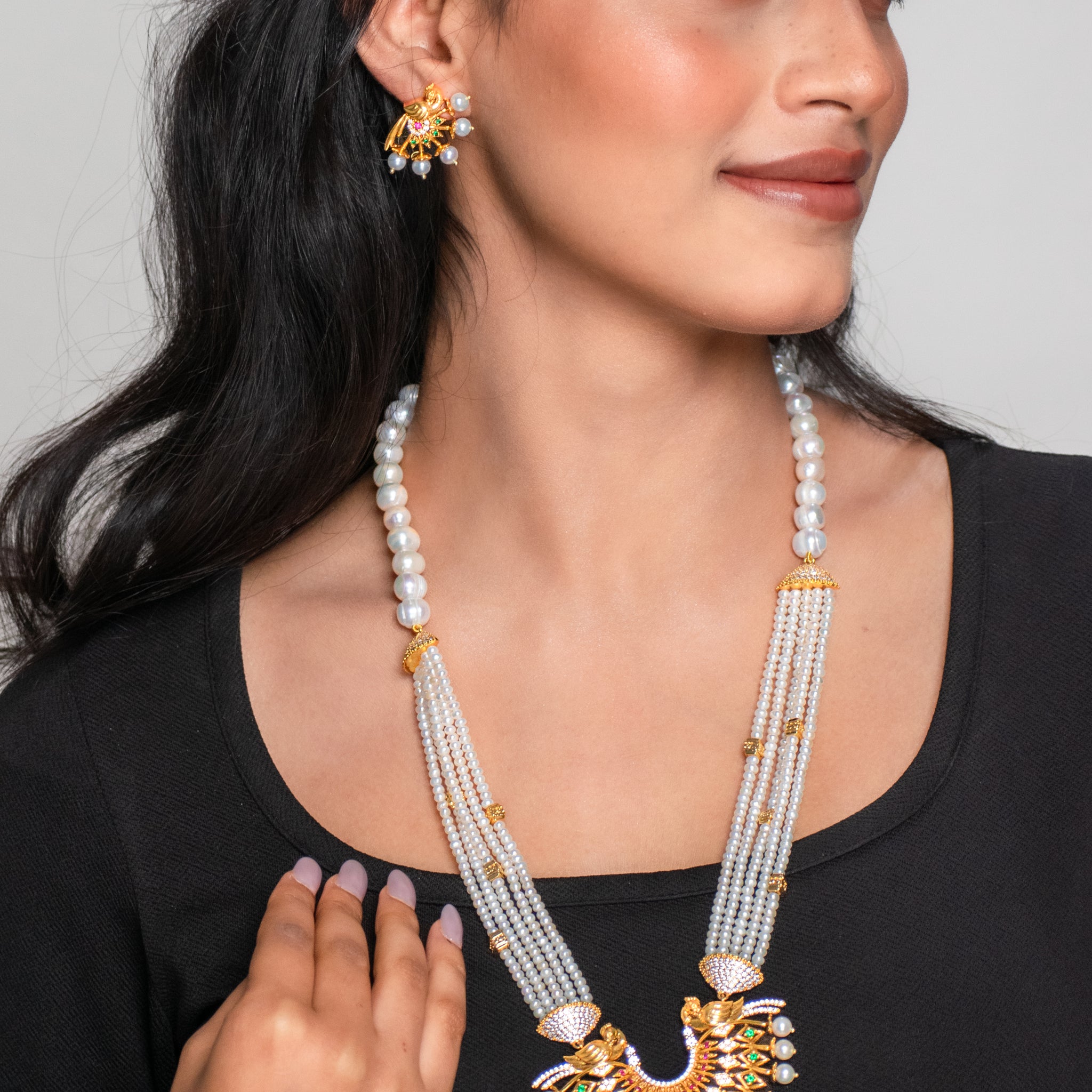 Peacock Temple Pearl Necklace Set With CZ Stones