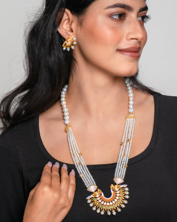 Peacock Temple Pearl Necklace Set With CZ Stones