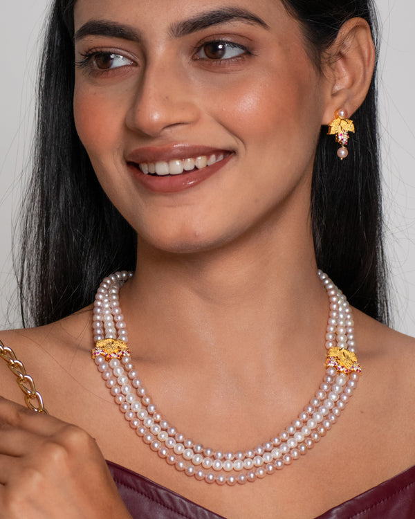 Pink Pearl & Floral Gold Motif Necklace Set