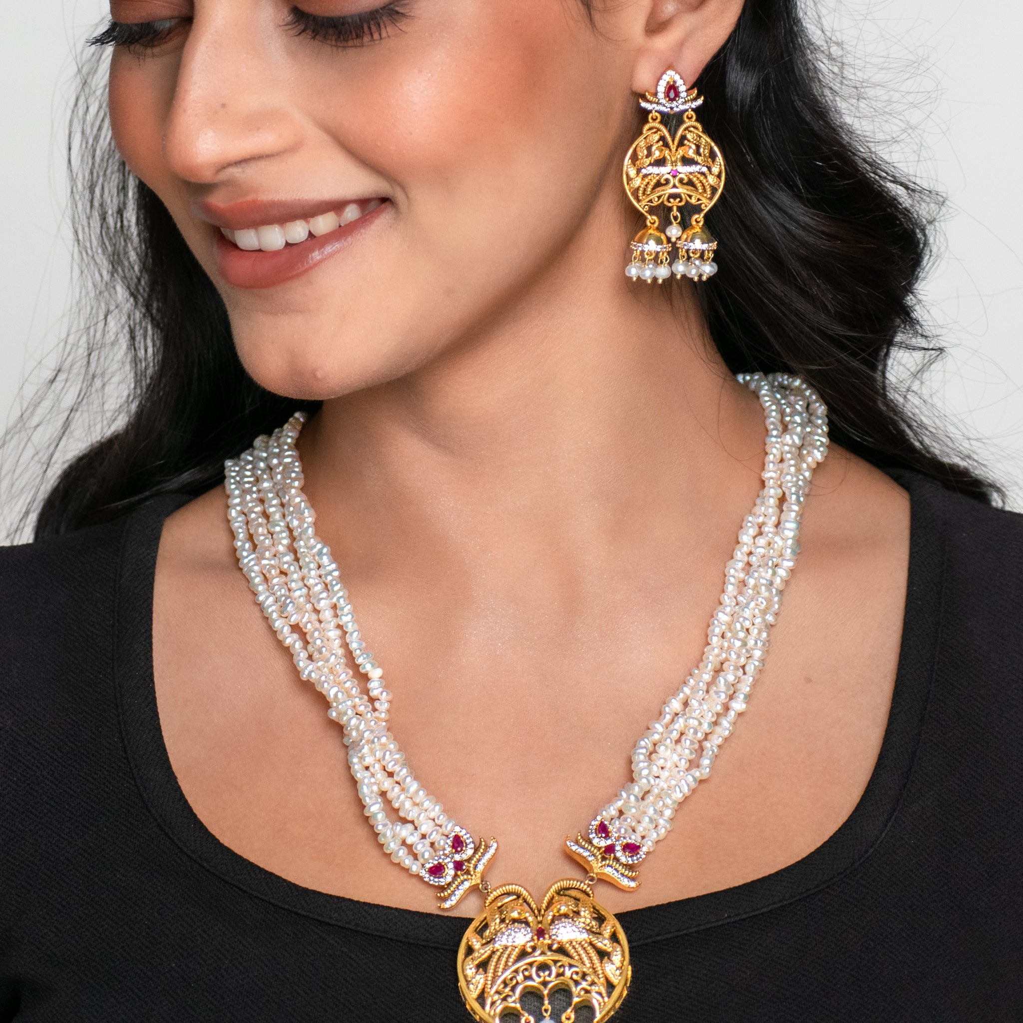 Antique Peacock Temple Necklace Set With Twisted Pearl Mala