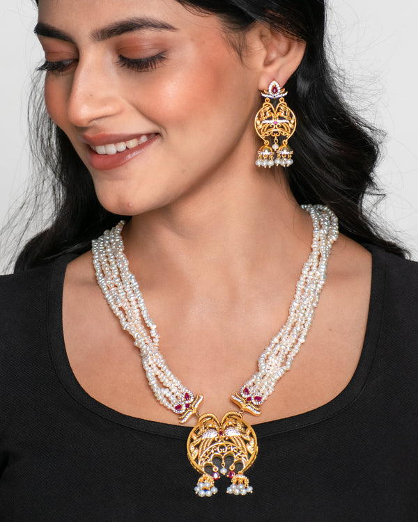 Antique Peacock Temple Necklace Set With Twisted Pearl Mala