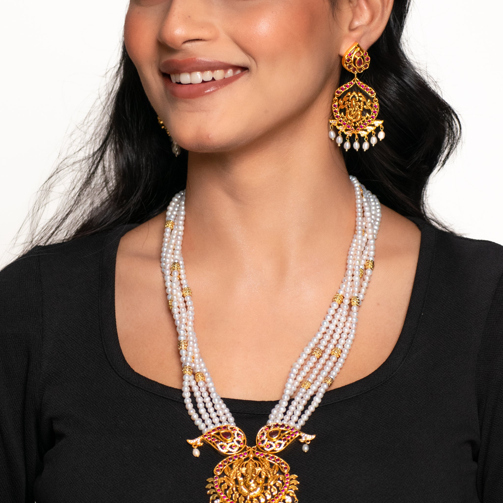 Regal Goddess Ganesh Temple Necklace Set With Pearl Drops