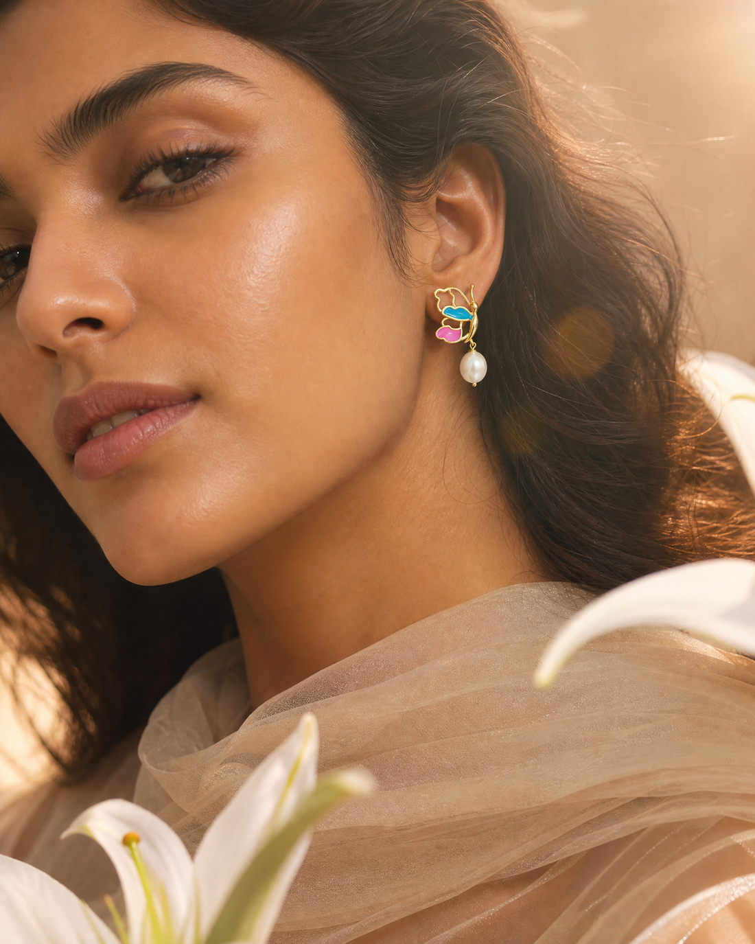 Vibrant Butterfly & Teardrop Pearl Drop Earrings