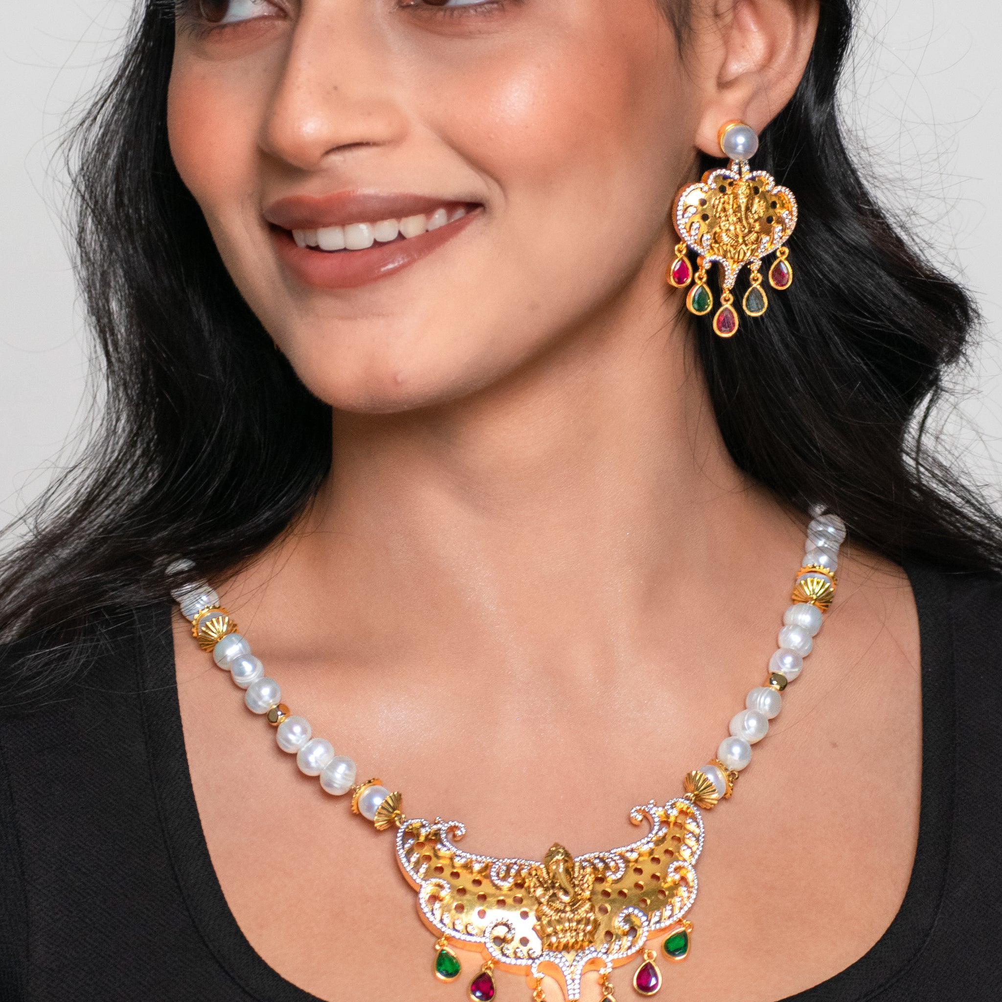 Crescent Goddess Ganesh Temple Necklace With Multicolour CZ Stones