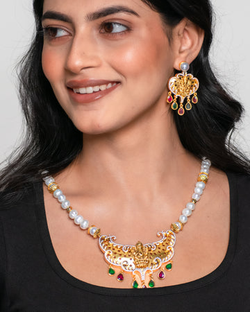 Crescent Goddess Ganesh Temple Necklace With Multicolour CZ Stones