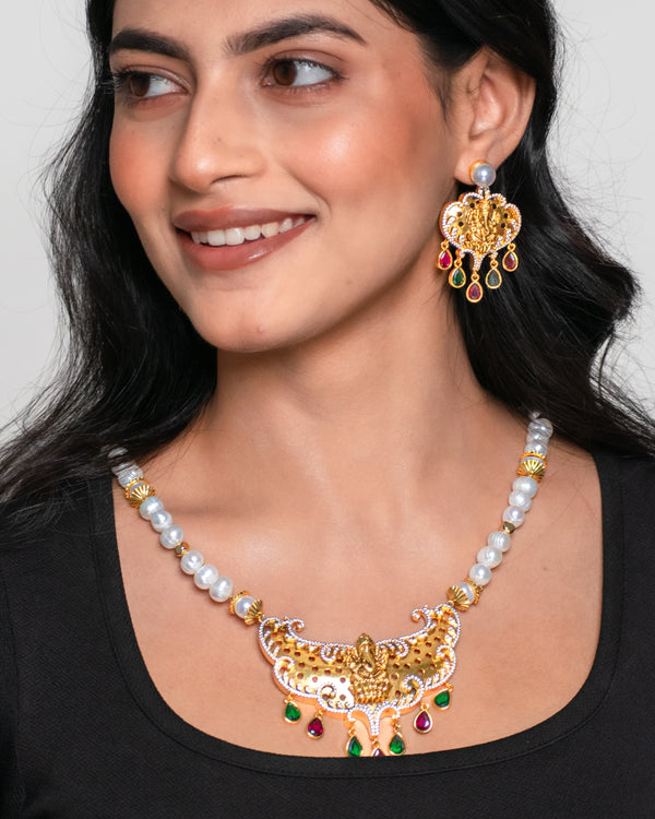 Crescent Lord Ganesh Temple Necklace With Multicolour CZ Stones